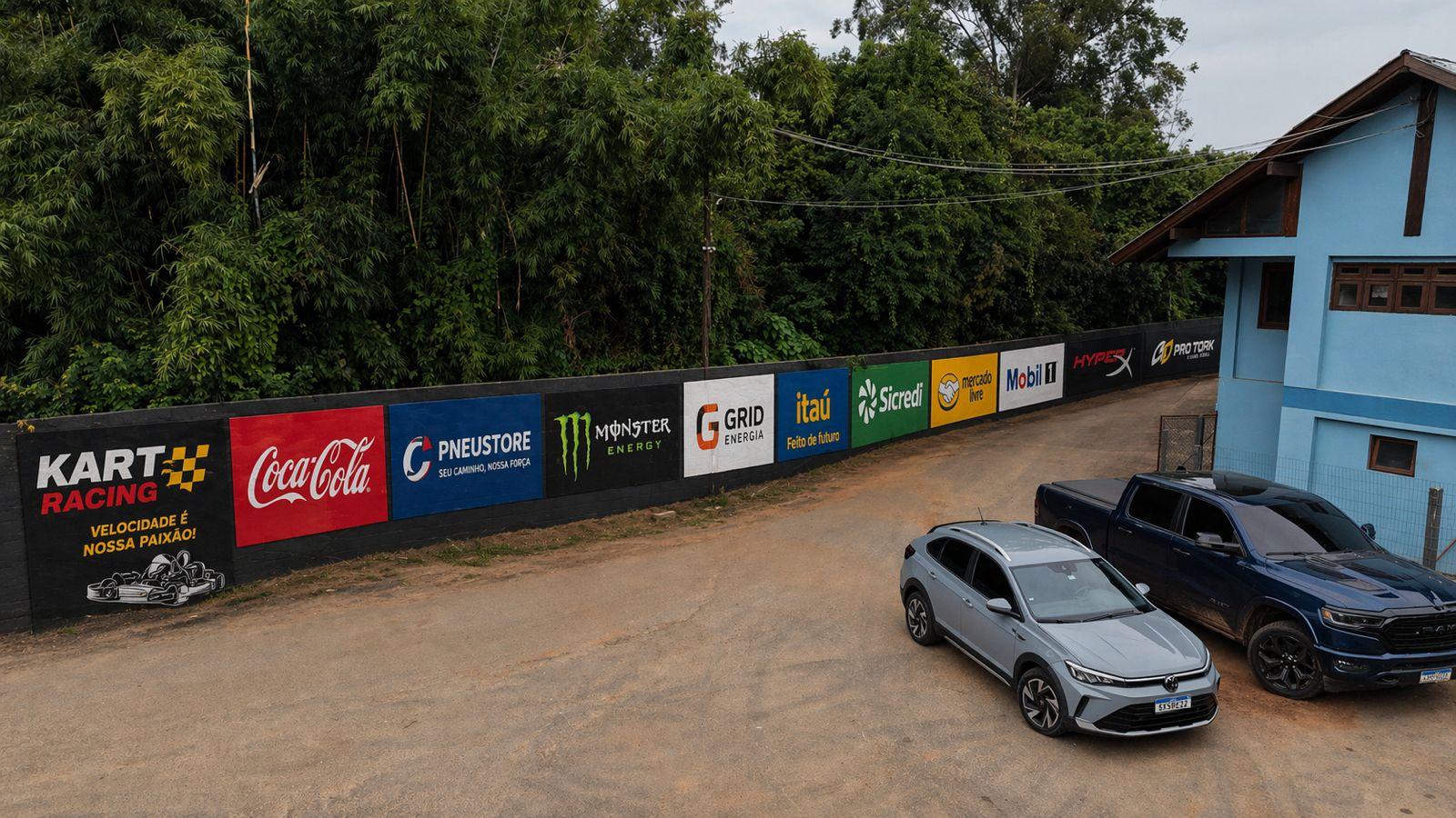 Muro lateral da pista de kart com banner de logos dos patrocinadores