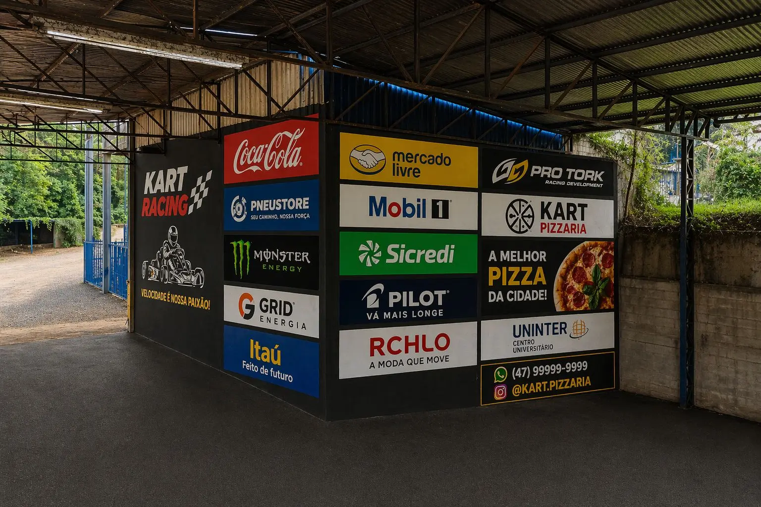 Painel principal com logos dos patrocinadores do Rumo Kart